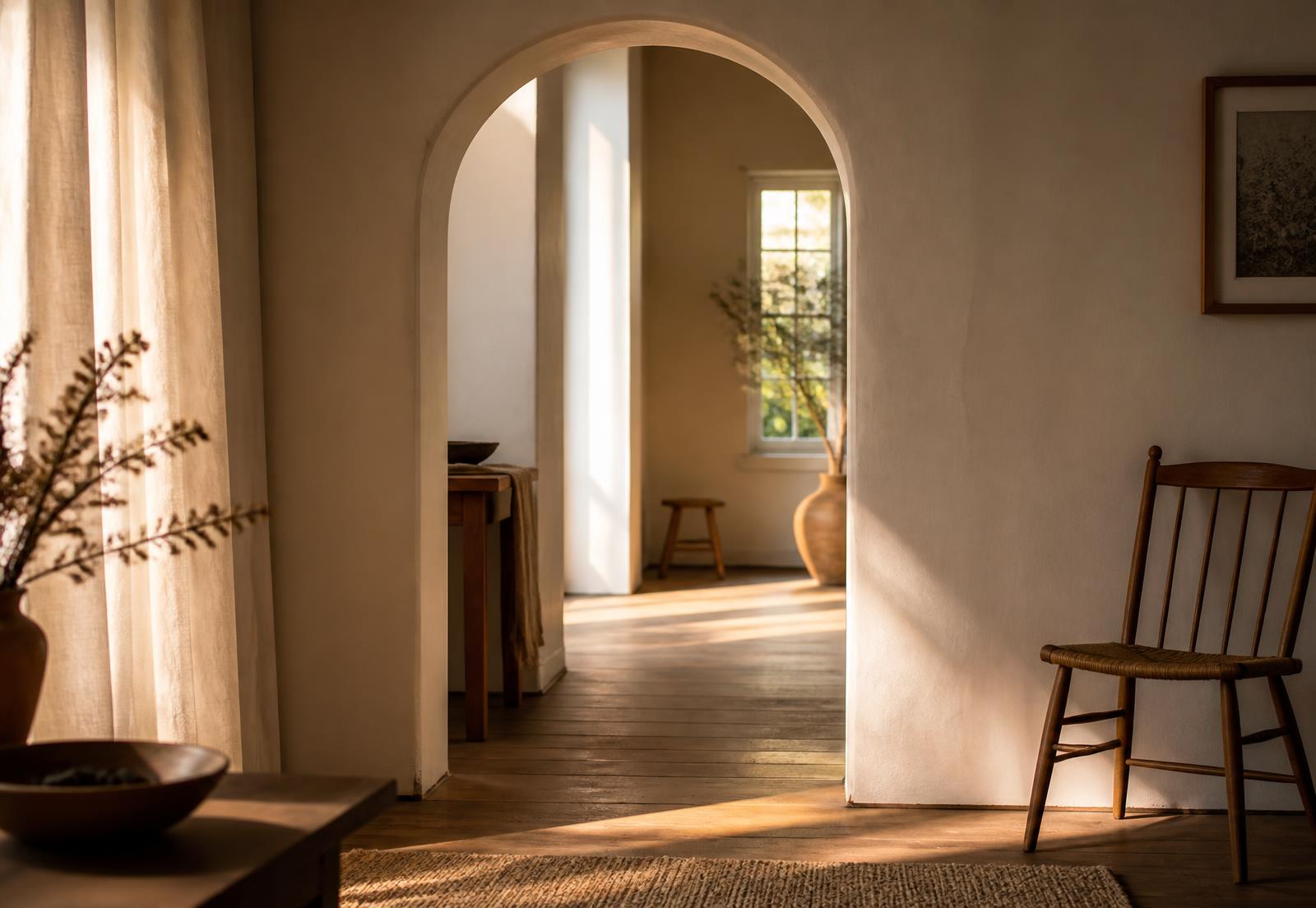 Morning light falling through an arched doorway in a quiet home